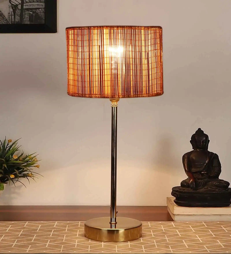 Textured Bamboo Shade with Metal Golden Table Lamp