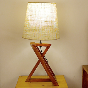 Textured Wooden Table Lamp with Jute Shade & Brown Base