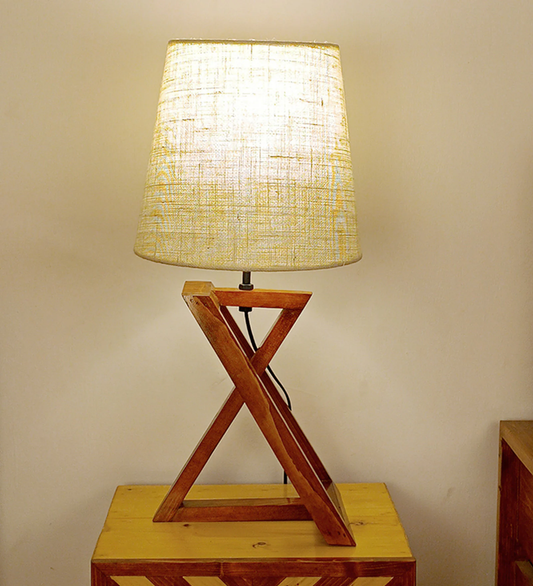 Textured Wooden Table Lamp with Jute Shade & Brown Base