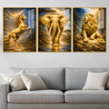 The Golden Trinity Golden Horse Elephant Lion Acrylic Floating Wall Painting Set of 3
