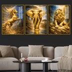 The Golden Trinity Golden Horse Elephant Lion Acrylic Floating Wall Painting Set of 3