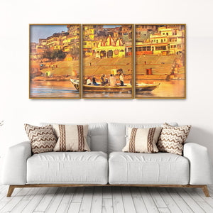 The Sacred Land Of Banaras Scenery Premium Floating Canvas Wall Painting Set of Three