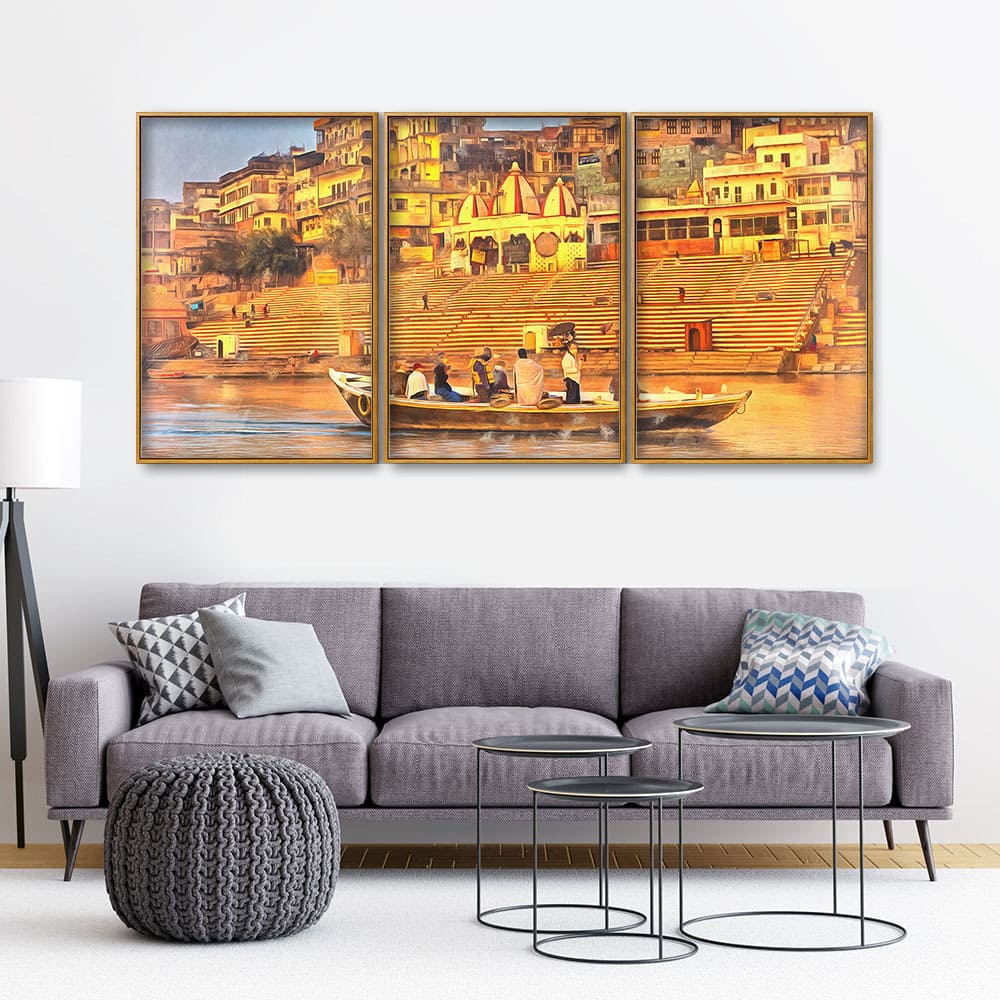 The Sacred Land Of Banaras Scenery Premium Floating Canvas Wall Painting Set of Three