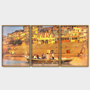 The Sacred Land Of Banaras Scenery Premium Floating Canvas Wall Painting Set of Three