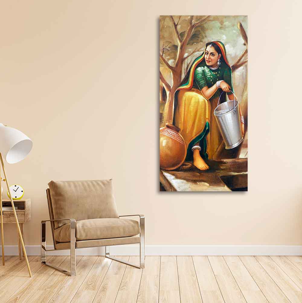 The Village Well Vertical Canvas Wall Painting