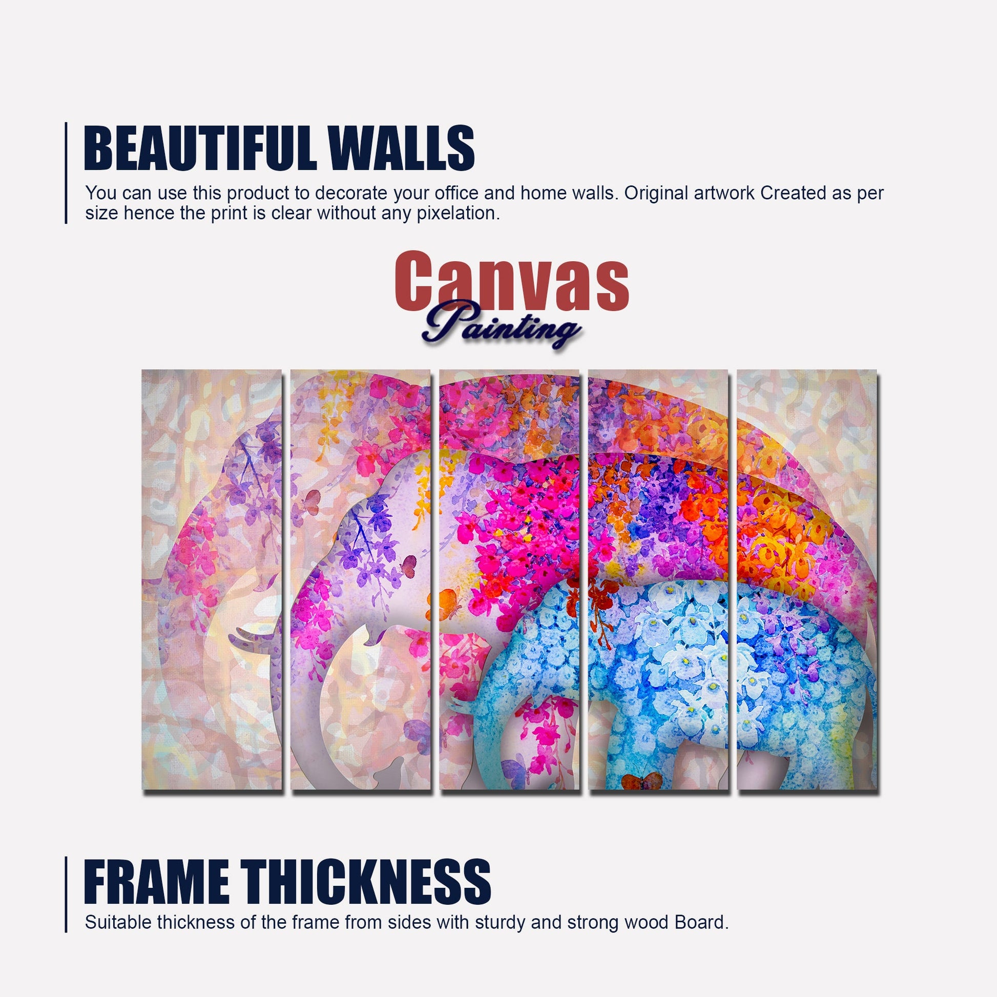 Three Abstract Art Elephants Canvas Wall Painting 5 Pieces