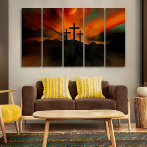 Three Cross Silhouette Canvas Wall Painting of Five Pieces