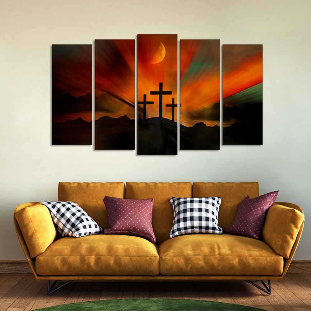 Three Cross Silhouette Canvas Wall Painting of Five Pieces Set