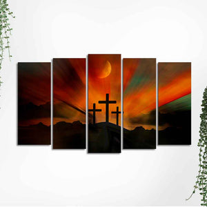 Three Cross Silhouette Canvas Wall Painting of Five Pieces Set