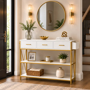 Three Drawer White Gold Engineered Wood Console Table