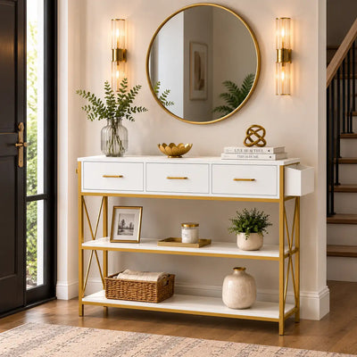 Three Drawer White Gold Engineered Wood Console Table