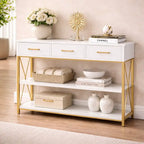 Three Drawer White Gold Engineered Wood Console Table