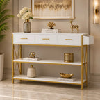 Three Drawer White Gold Engineered Wood Console Table