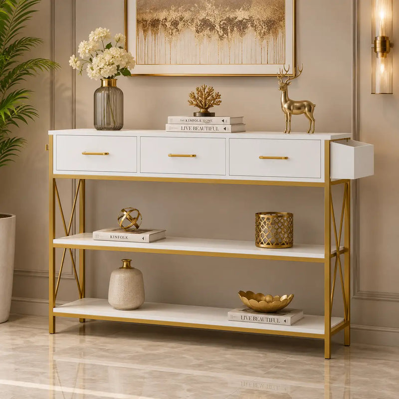 Three Drawer White Gold Engineered Wood Console Table