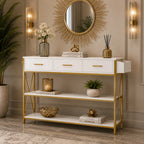 Three Drawer White Gold Engineered Wood Console Table