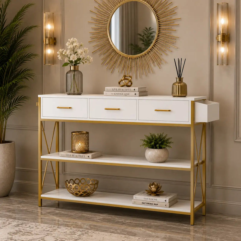 Three Drawer White Gold Engineered Wood Console Table