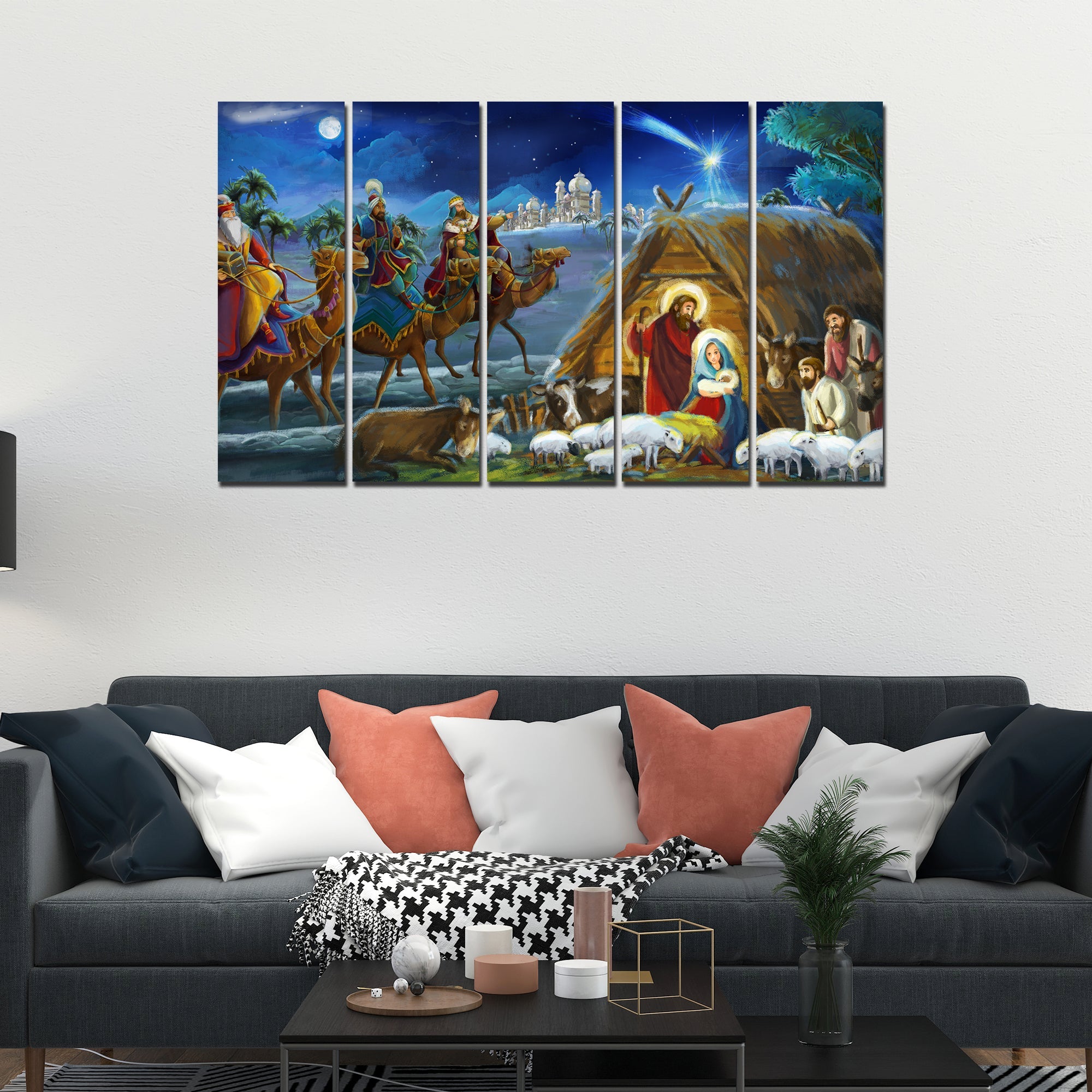 Three Kings and Holy Family Canvas Wall Painting 5 Pieces