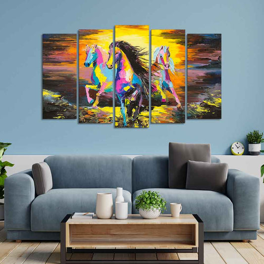 Three Running Horses Abstract Art Five Pieces Canvas Wall Painting