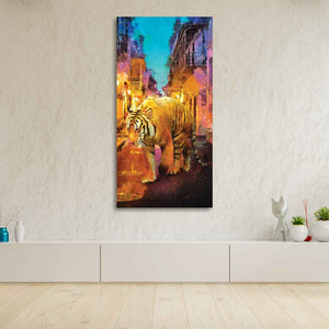 Tiger Walking in Street Premium Canvas Wall Painting