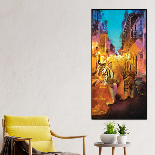 Tiger Walking in Street Premium Canvas Wall Painting