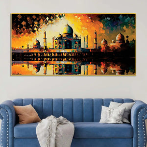 Timeless Beauty of the Taj Mahal in Radiant Sunset Glow Abstract Canvas Wall Painting