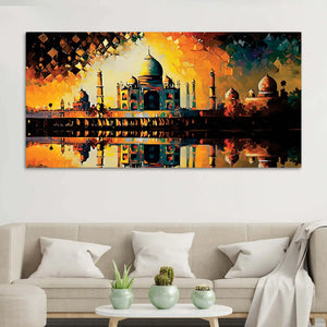 Timeless Beauty of the Taj Mahal in Radiant Sunset Glow Abstract Canvas Wall Painting