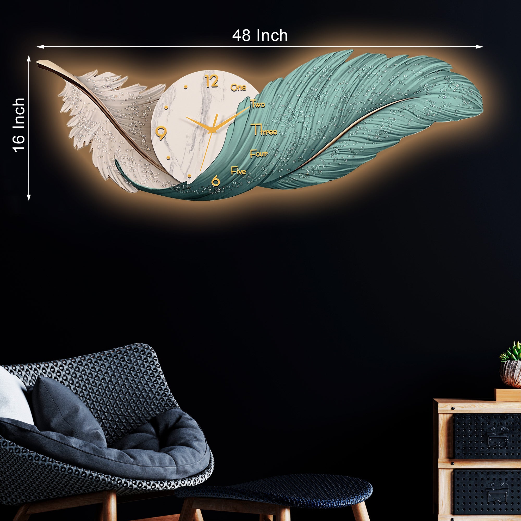 Timeless Feathers Crystal Glass Backlit LED Painting with Clock