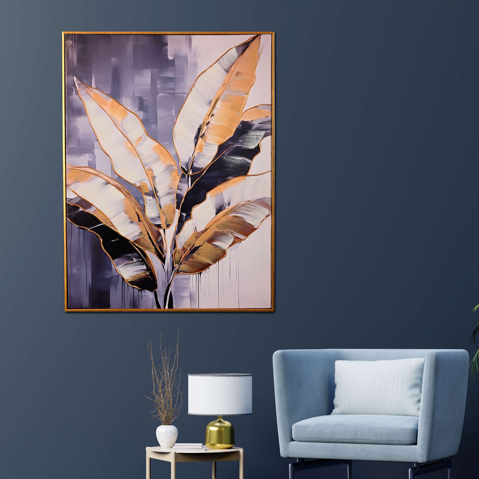 Timeless Golden Bloom Hand Painted Wall Painting with Floating Frame