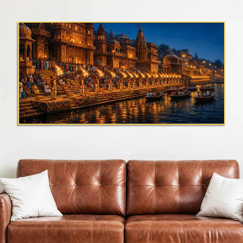 Timeless Varanasi Riverside Aarti Canvas Painting for Modern Home Decor