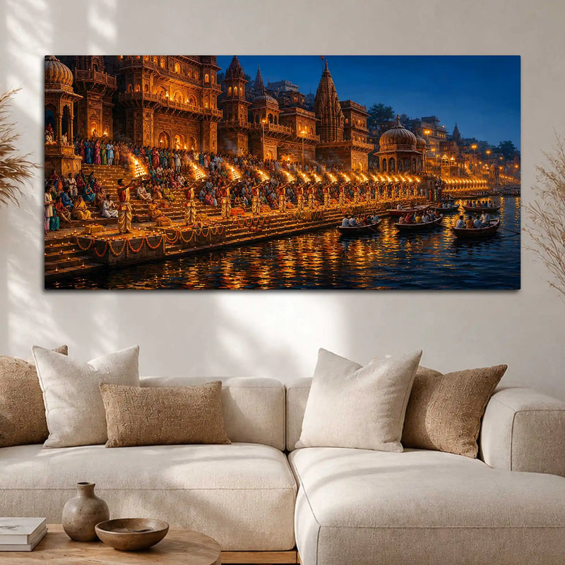 Timeless Varanasi Riverside Aarti Canvas Painting for Modern Home Decor