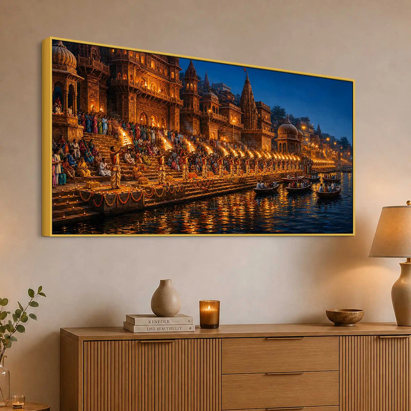 Timeless Varanasi Riverside Aarti Canvas Painting for Modern Home Decor