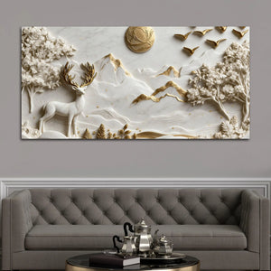 Timeless White and Golden Stag in Mountain Valley 3D Canvas Wall Painting