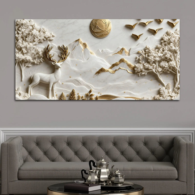 Timeless White and Golden Stag in Mountain Valley 3D Canvas Wall Painting