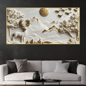 Timeless White and Golden Stag in Mountain Valley 3D Canvas Wall Painting