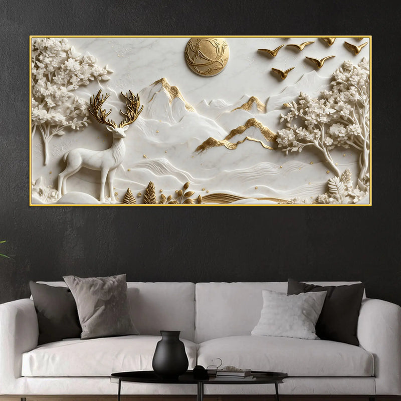 Timeless White and Golden Stag in Mountain Valley 3D Canvas Wall Painting