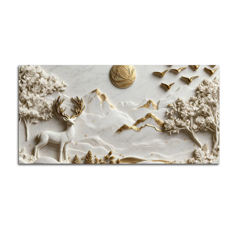 Timeless White and Golden Stag in Mountain Valley 3D Canvas Wall Painting