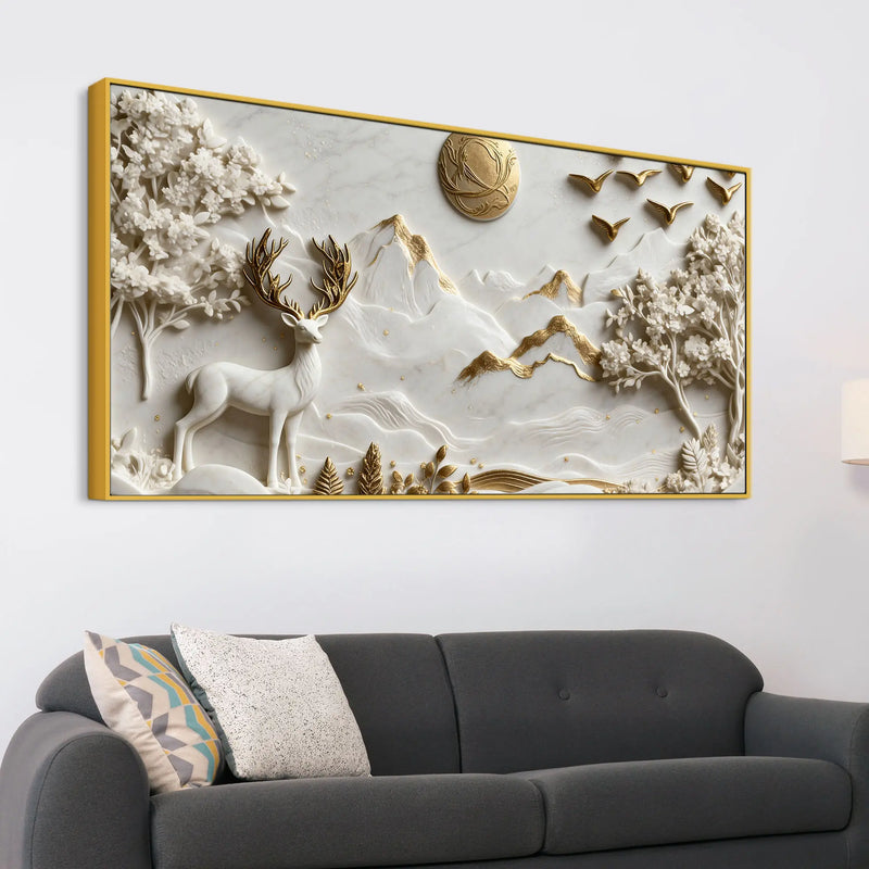 Timeless White and Golden Stag in Mountain Valley 3D Canvas Wall Painting