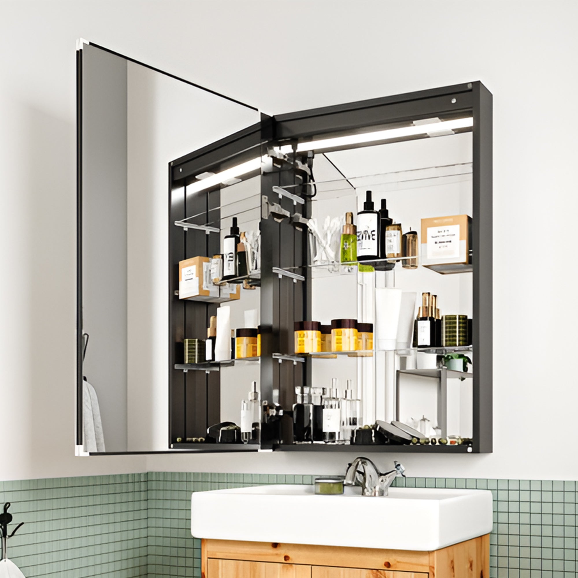 Touch LED Mirror Cabinet with Bold Vertical Light & Compact Storage