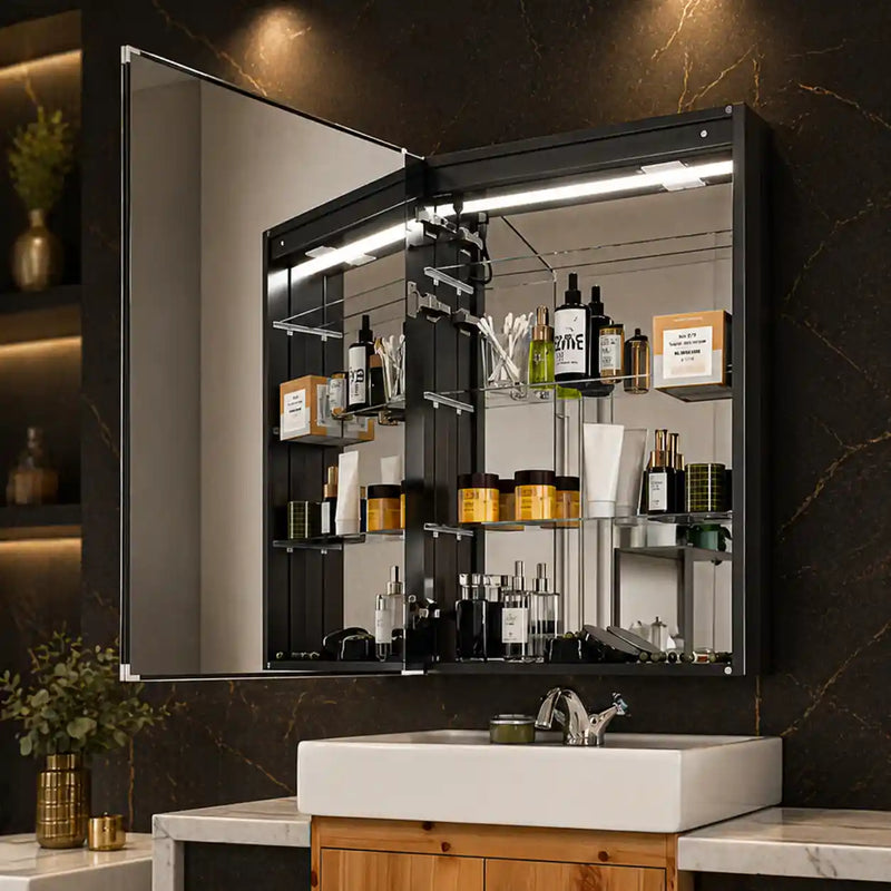 Touch LED Mirror Cabinet with Bold Vertical Light & Compact Storage