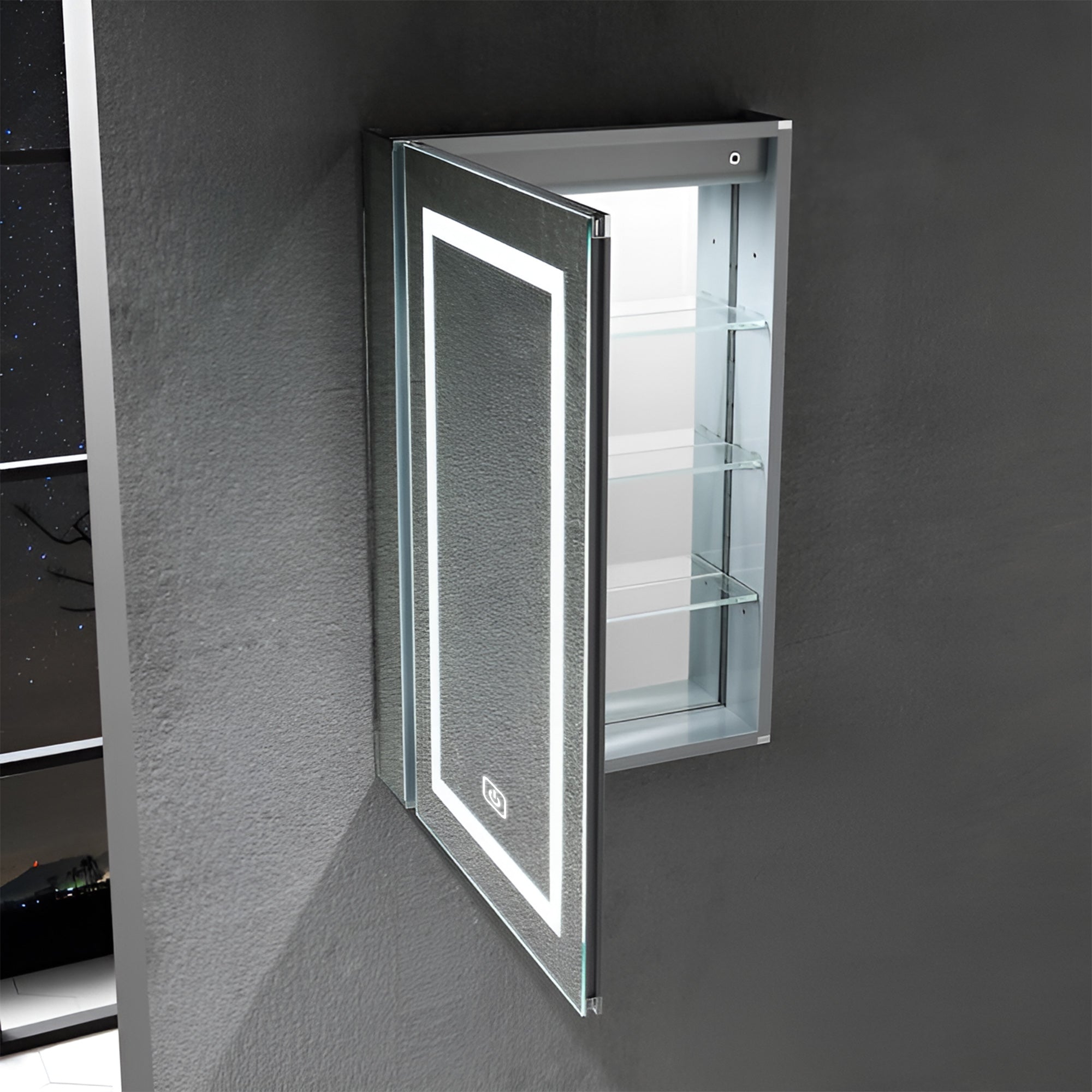 Touch LED Mirror Cabinet with Bold Vertical Light & Storage