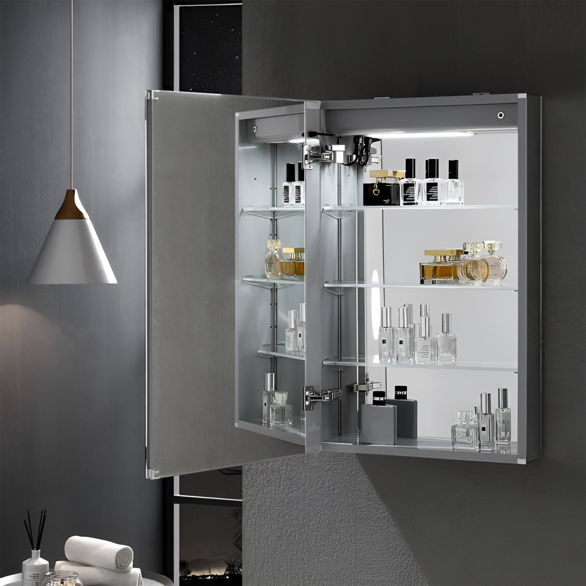 Touch LED Mirror Cabinet with Bold Vertical Light & Storage