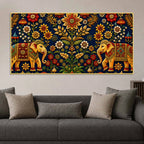 Traditional Elephant Pair Embroidered Tanjore Style 3D Canvas Wall Painting