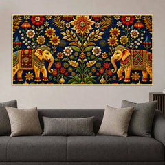 Traditional Elephant Pair Embroidered Tanjore Style 3D Canvas Wall Painting
