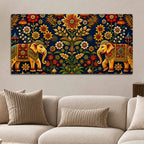 Traditional Elephant Pair Embroidered Tanjore Style 3D Canvas Wall Painting