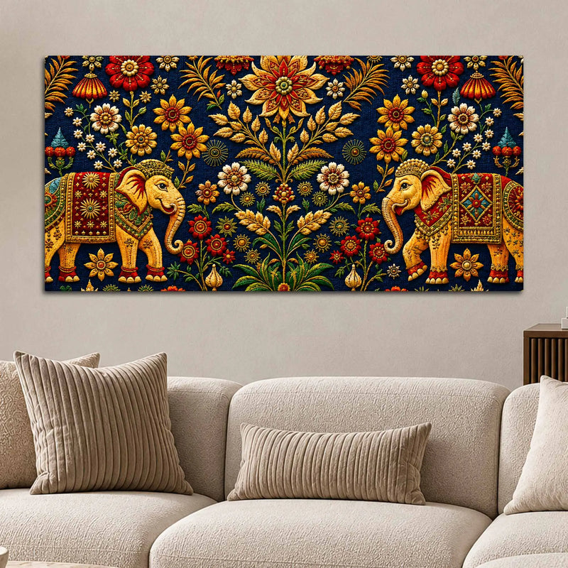 Traditional Elephant Pair Embroidered Tanjore Style 3D Canvas Wall Painting