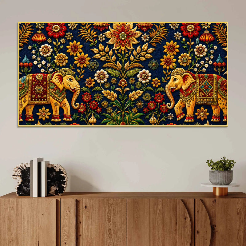 Traditional Elephant Pair Embroidered Tanjore Style 3D Canvas Wall Painting