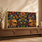 Traditional Elephant Pair Embroidered Tanjore Style 3D Canvas Wall Painting