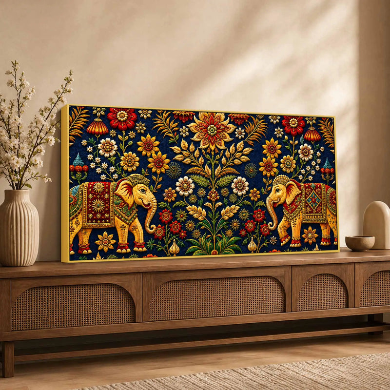 Traditional Elephant Pair Embroidered Tanjore Style 3D Canvas Wall Painting