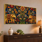 Traditional Elephant Pair Embroidered Tanjore Style 3D Canvas Wall Painting