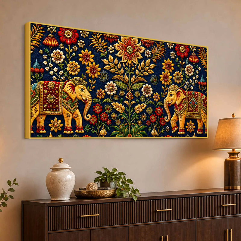 Traditional Elephant Pair Embroidered Tanjore Style 3D Canvas Wall Painting